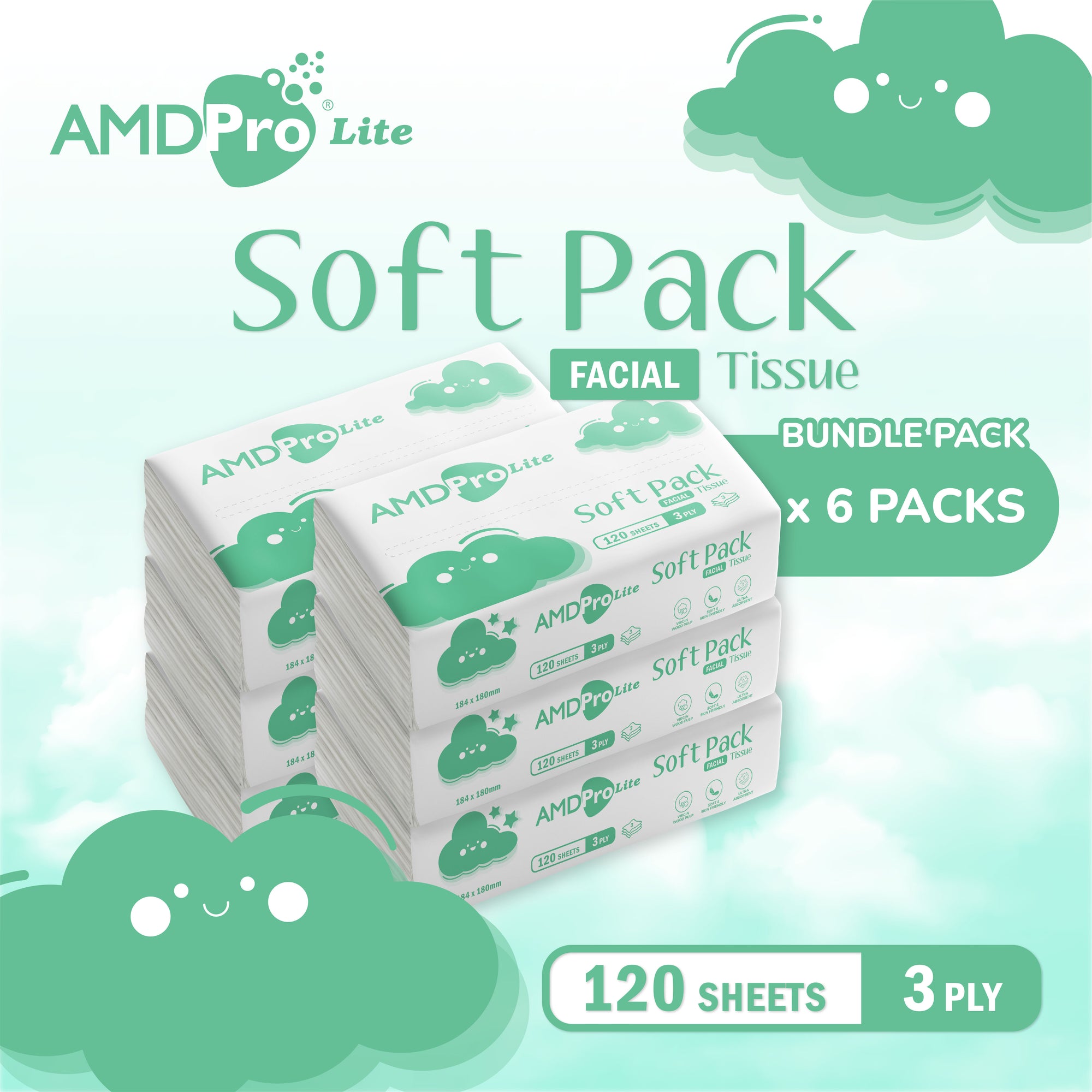AMDPro Lite Soft Pack Facial Tissue 3-Ply (120 Sheets)