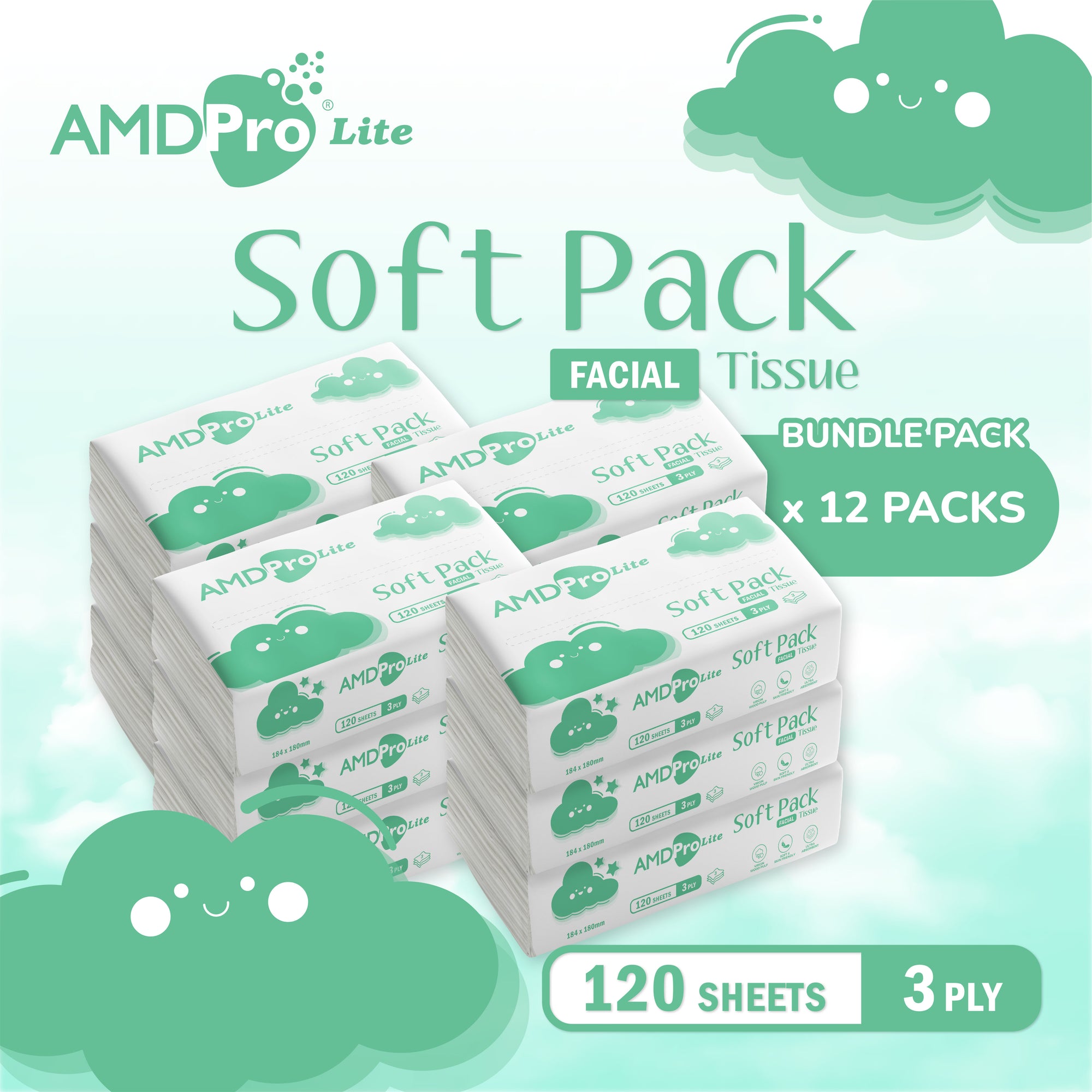 AMDPro Lite Soft Pack Facial Tissue 3-Ply (120 Sheets)