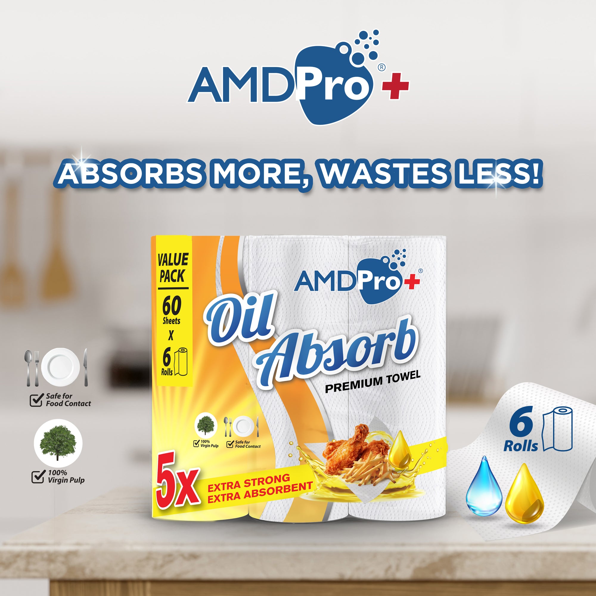 AMDPro+ Oil Absorb Kitchen Towel (60 Sheets x 6 Rolls)