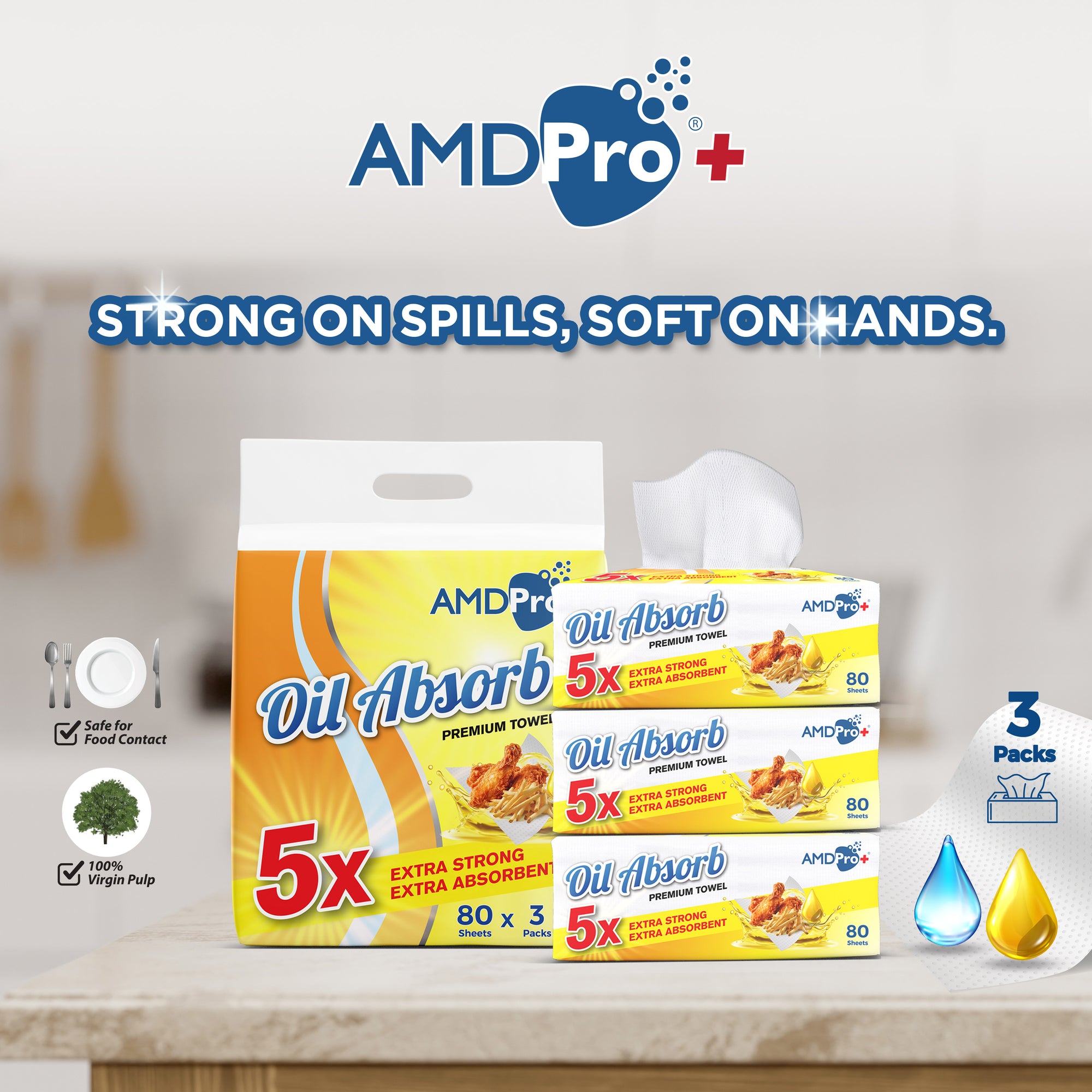 AMDPro+ Oil Absorb Premium Kitchen Towel (Soft Box - 80s x 3 packs)