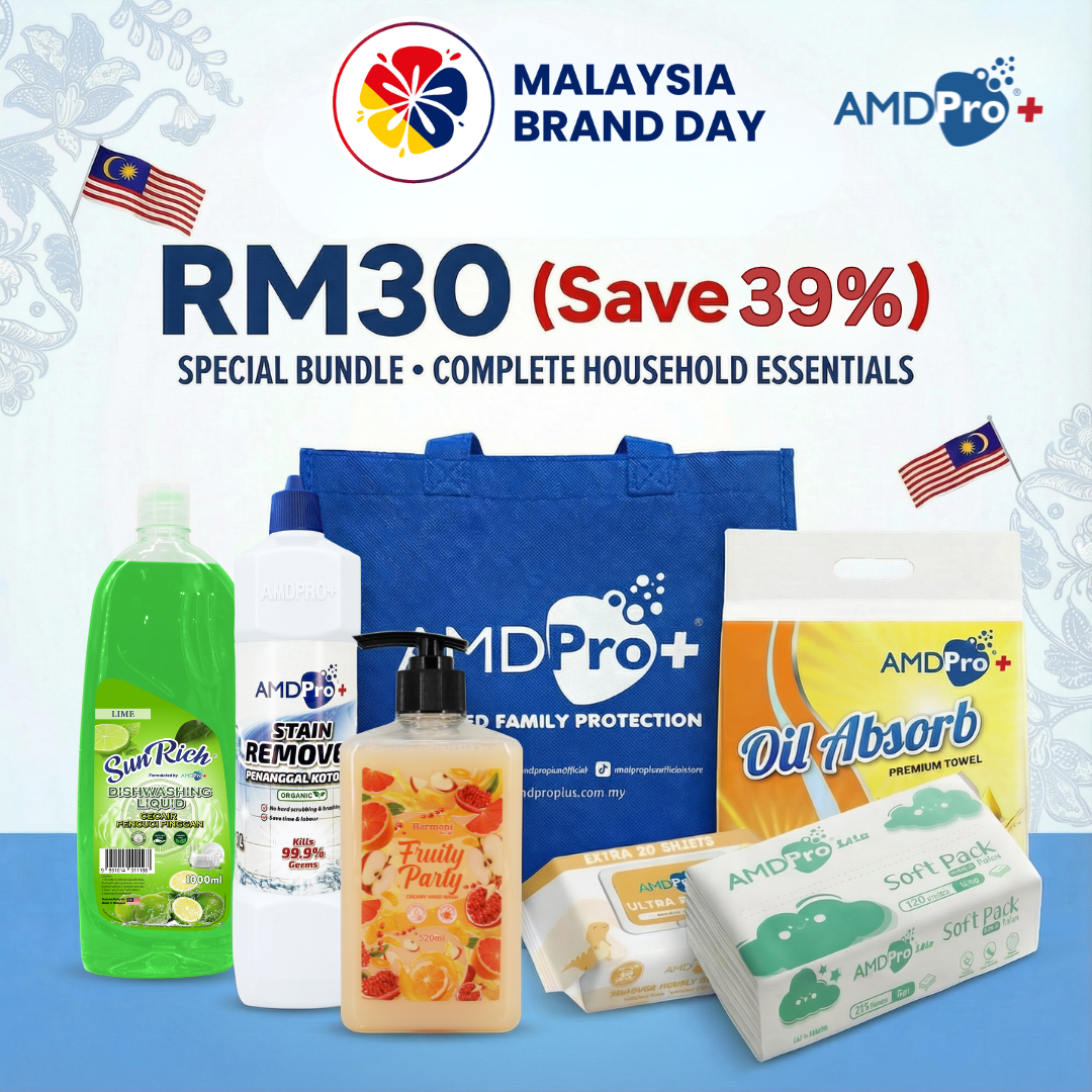 AMDPRO+ Cleaning Bundle | SUNRICH Dishwash Liquid 1L, AMDPRO+ Stain Remover 1L, Ultra Gentle Wipes 100's, Oil Absorb Kitchen Towel 80's x3, Facial Tissue 120s, HARMONI Handwash 520ml, Woven Bag – Malaysia Brand Day Promo